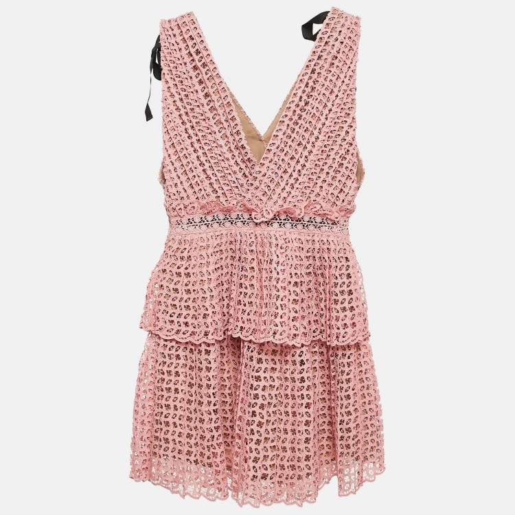 Pre Owned Self-Portrait Pink Guipure Lace Pleated Sleeveless Mini Dress S