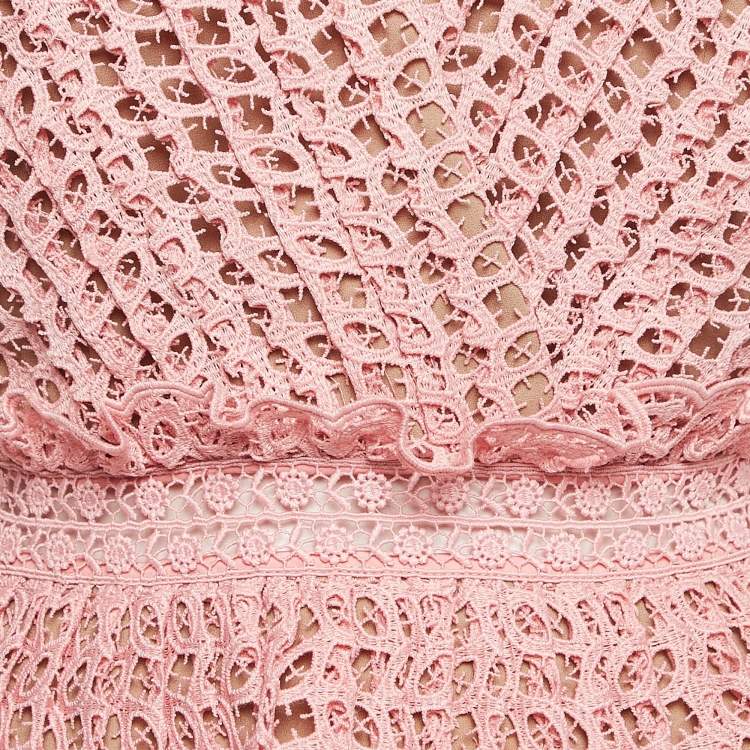 Pre Owned Self-Portrait Pink Guipure Lace Pleated Sleeveless Mini Dress S