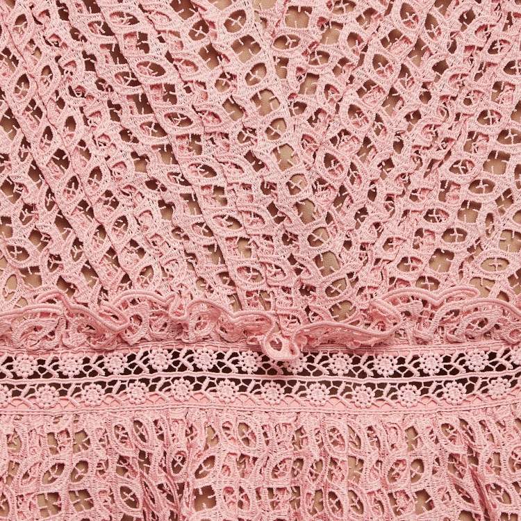 Pre Owned Self-Portrait Pink Guipure Lace Pleated Sleeveless Mini Dress S