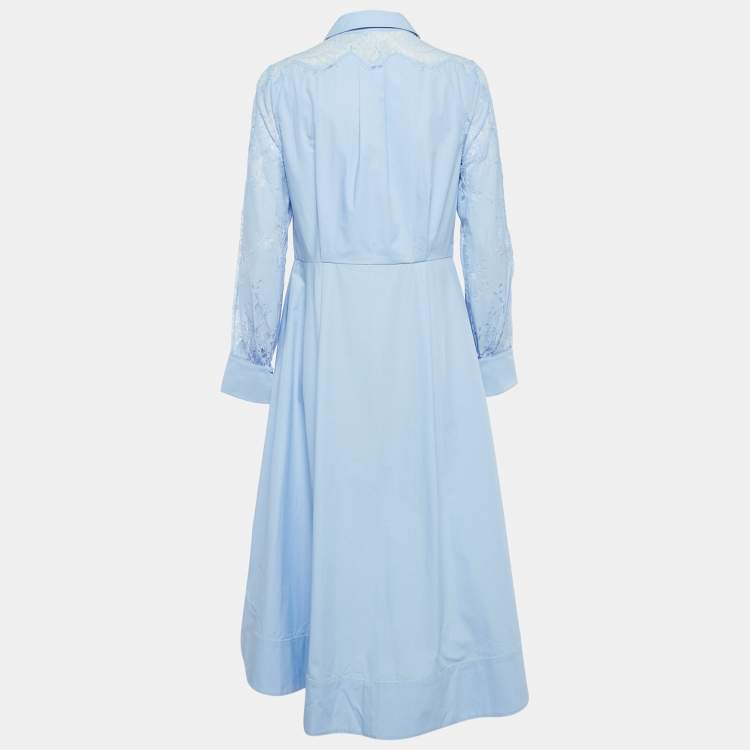 Pre Owned Self-Portrait Blue Cotton Lace Panel Detail Midi Shirt Dress S