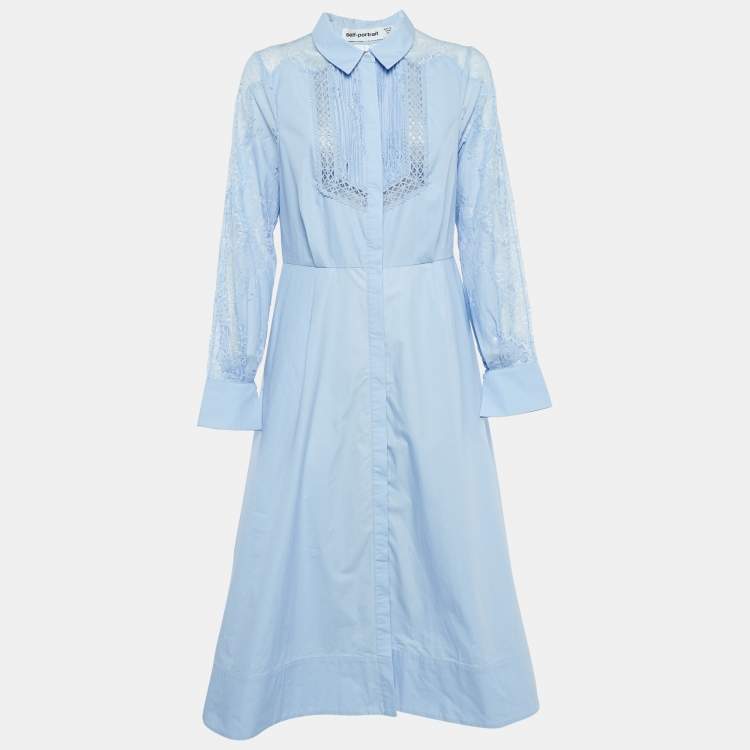 Pre Owned Self-Portrait Blue Cotton Lace Panel Detail Midi Shirt Dress S