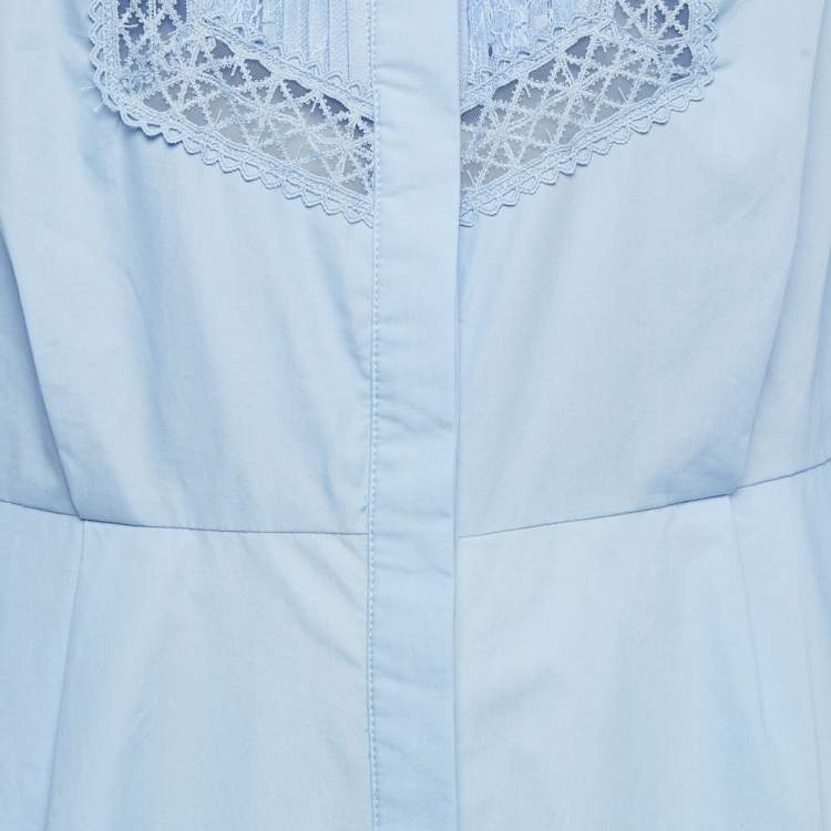 Pre Owned Self-Portrait Blue Cotton Lace Panel Detail Midi Shirt Dress S