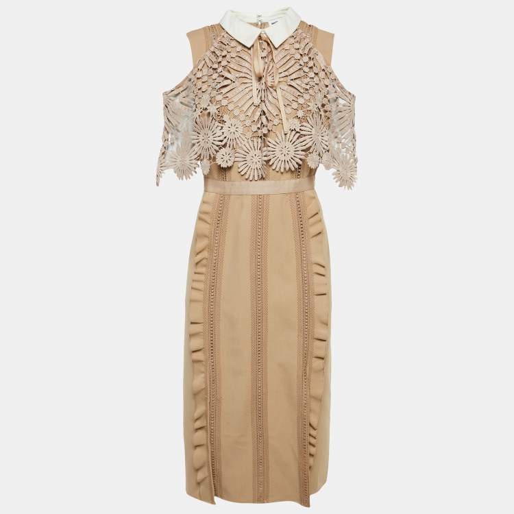 مملوكة مسبقًا Self-Portrait Beige Crepe and Lace Hinkley Midi Dress L