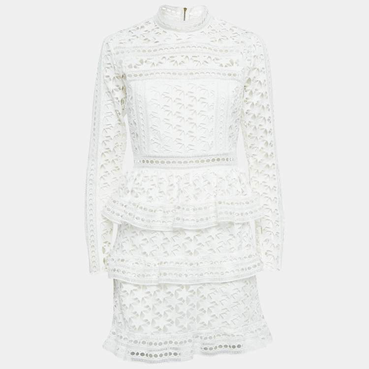 Pre Owned Self-Portrait White Star Guipure Lace High Neck Mini Dress M
