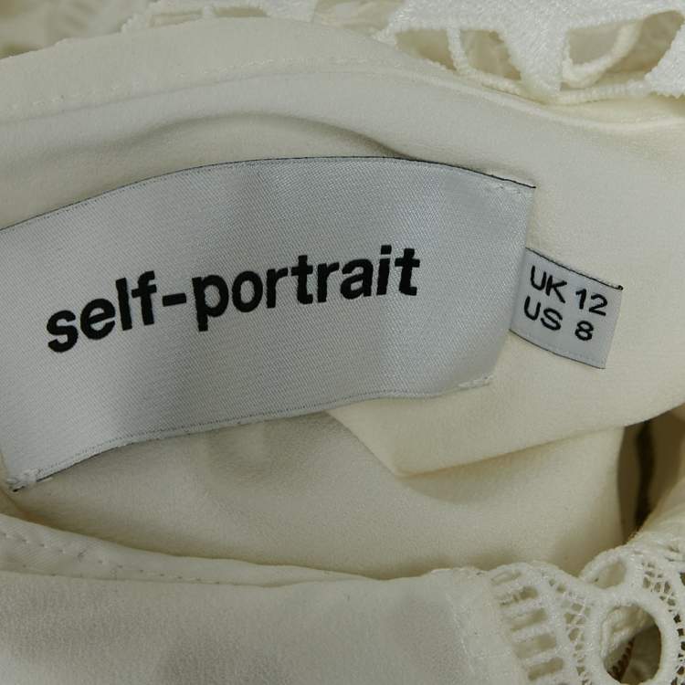 Pre Owned Self-Portrait White Star Guipure Lace High Neck Mini Dress M