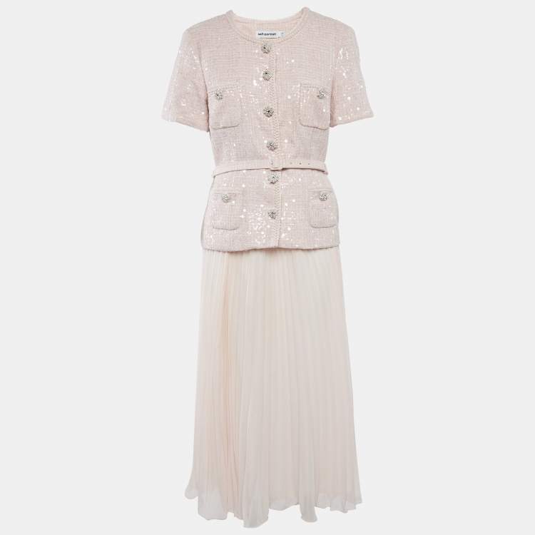 Pre Owned Self-Portrait Pink Boucle and Chiffon Plisse Midi Dress L