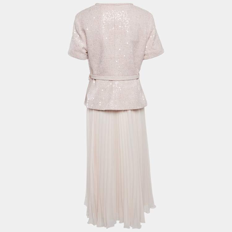 Pre Owned Self-Portrait Pink Boucle and Chiffon Plisse Midi Dress L