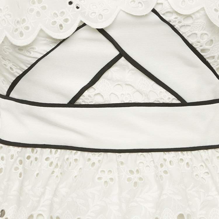 Pre Owned Self-Portrait White Schiffli Lace One Shoulder Top S