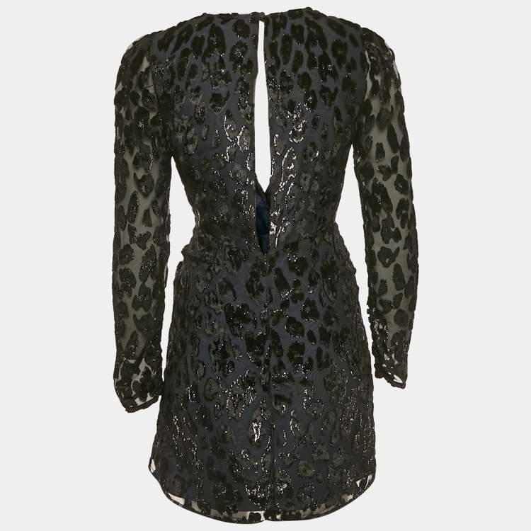 Pre Owned Self-Portrait Black Metallic Leopard Flocked Chiffon Mini Dress S