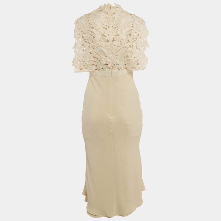 Pre Owned Self-Portrait Beige Lace Trim Crepe Midi Dress S