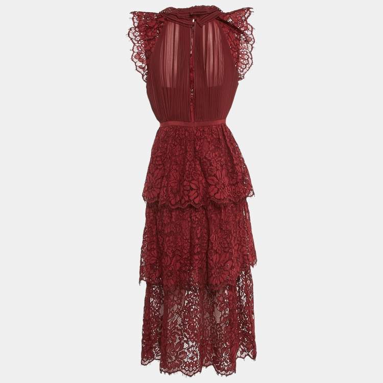 Pre Owned Self-Portrait Burgundy Cord Lace Tiered Midi Dress S