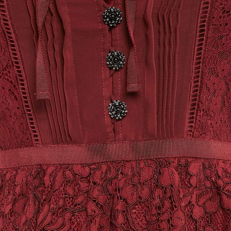 Pre Owned Self-Portrait Burgundy Cord Lace Tiered Midi Dress S