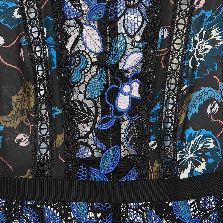 Pre Owned Self-Portrait Blue/Black Floral Print chiffon and Lace Short Dress S