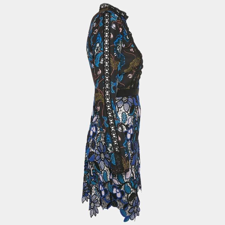 Pre Owned Self-Portrait Blue/Black Floral Print chiffon and Lace Short Dress S