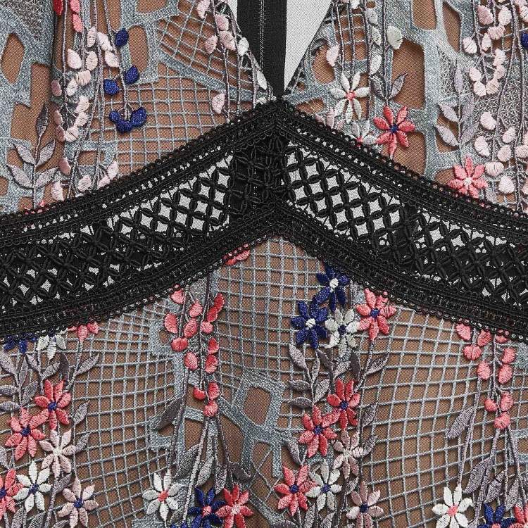 Pre Owned Self-Portrait Black Floral Embroidered Tulle Tiered Mini Dress M