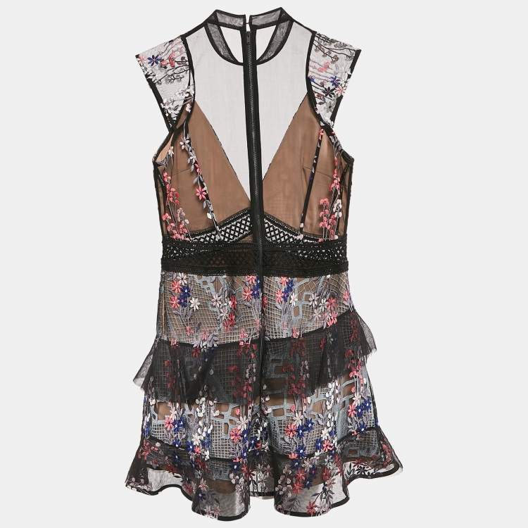 Pre Owned Self-Portrait Black Floral Embroidered Tulle Tiered Mini Dress M