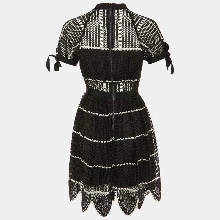 Pre Owned Self-Portrait Black Crochet Lace Scalloped Hem Mini Dress M