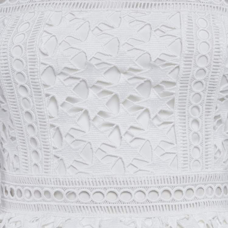 Pre Owned Self-Portrait White Guipure Lace Tiered Mini Dress S