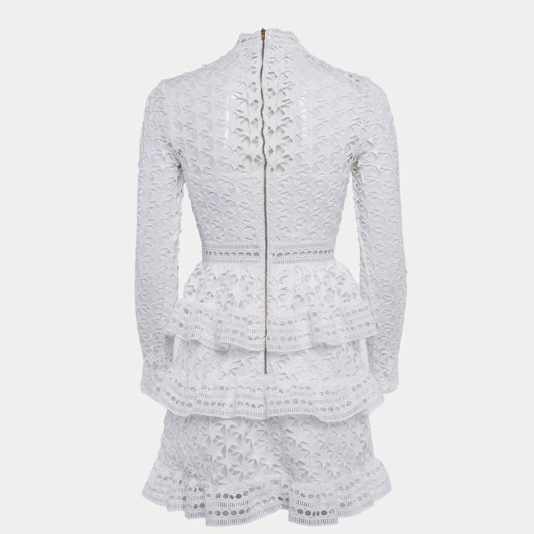 Pre Owned Self-Portrait White Guipure Lace Tiered Mini Dress S