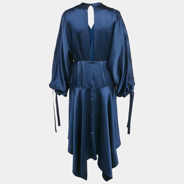 Pre Owned Self-Portrait Blue Satin Asymmetric Long Dress M