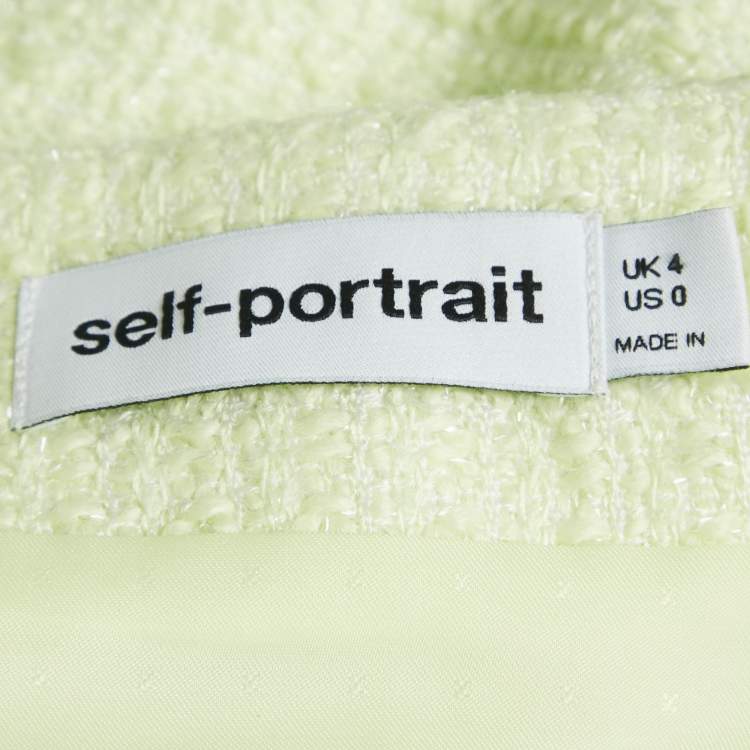 Pre Owned Self-Portrait Lime Green Tweed Embellished Button Top and Skirt Set S/XS