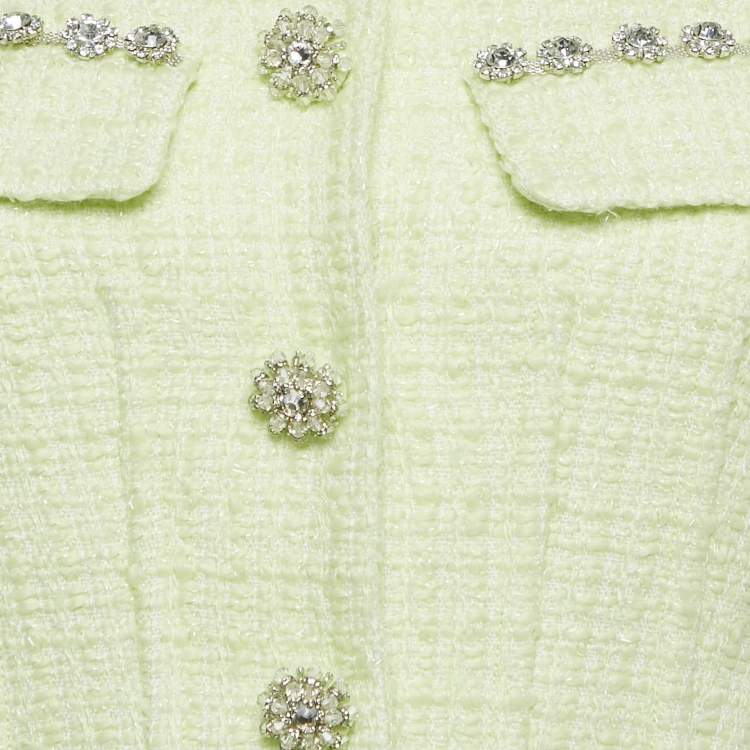 Pre Owned Self-Portrait Lime Green Tweed Embellished Button Top and Skirt Set S/XS
