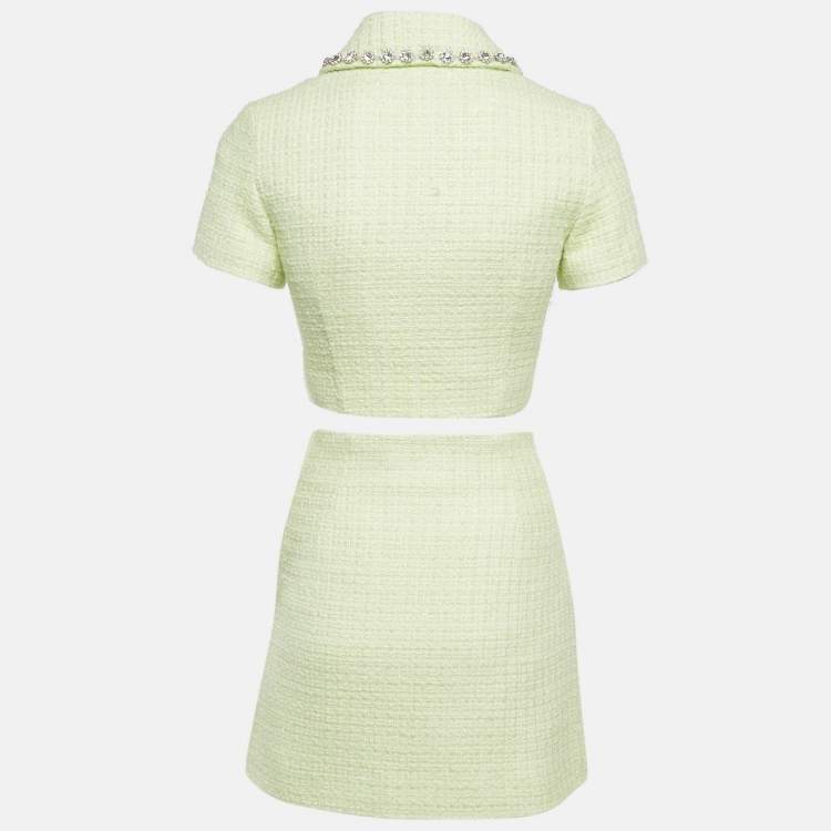 Pre Owned Self-Portrait Lime Green Tweed Embellished Button Top and Skirt Set S/XS
