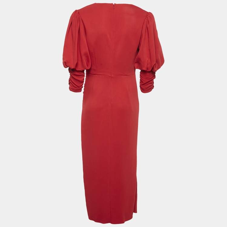 Pre Owned Self-Portrait Red Crepe Puff Sleeve Gathered Long Dress M