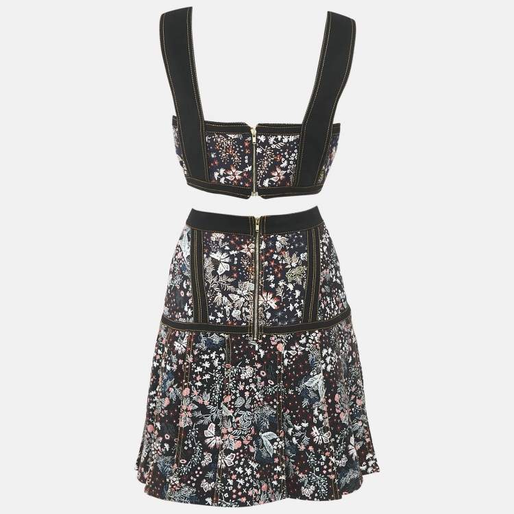 Pre Owned Self-Portrait Black Floral Jacquard Top and Pleated Skirt Set M/S