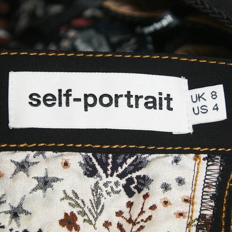 Pre Owned Self-Portrait Black Floral Jacquard Top and Pleated Skirt Set M/S