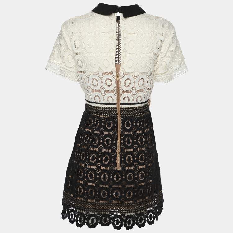 Pre Owned Self-Portrait White/Black Lace Felicia Collared Mini Dress M