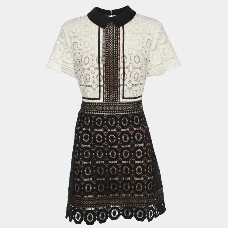 Pre Owned Self-Portrait White/Black Lace Felicia Collared Mini Dress M