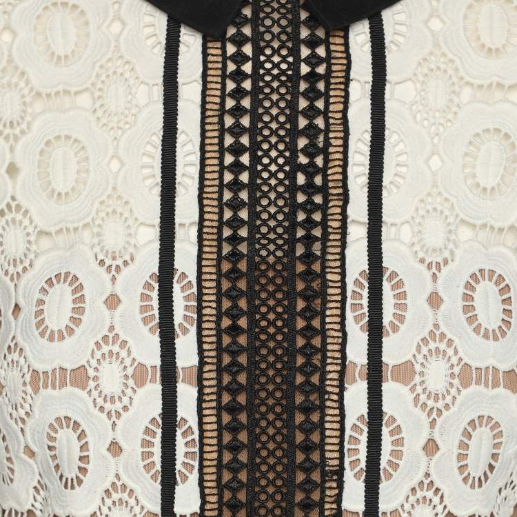 Pre Owned Self-Portrait White/Black Lace Felicia Collared Mini Dress M