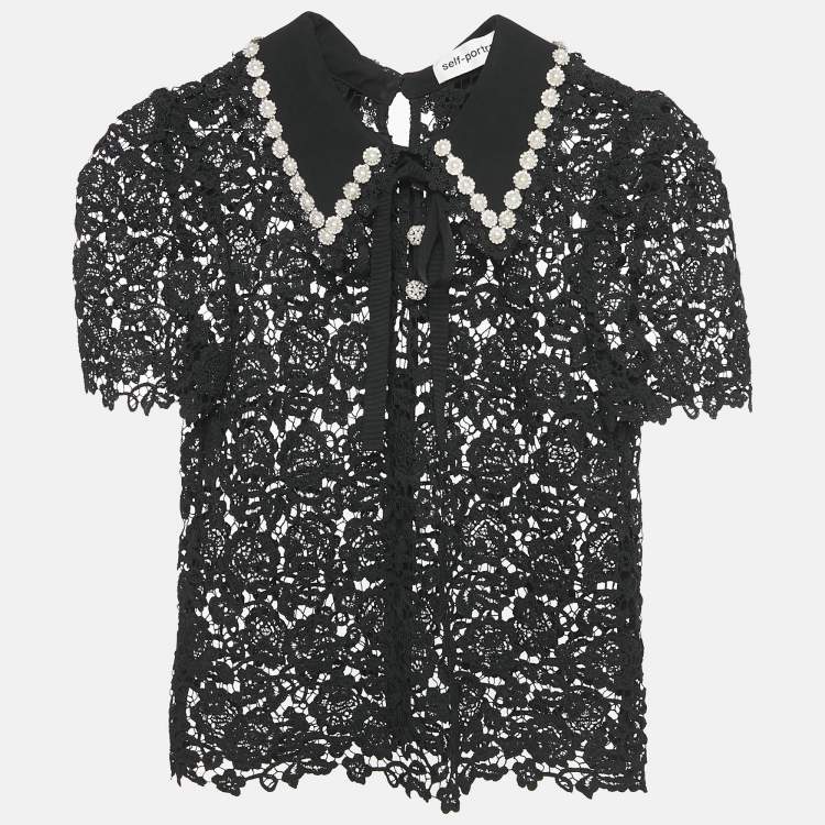 مملوكة مسبقًا Self-Portrait Black Beads Embellished Lace Sheer Shirt S