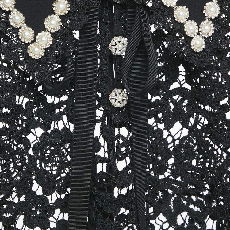 مملوكة مسبقًا Self-Portrait Black Beads Embellished Lace Sheer Shirt S