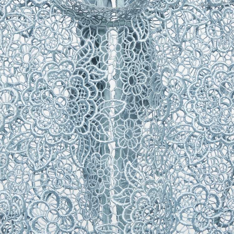 Pre Owned Self-Portrait Blue Floral Lace Open Back Sheer Top M
