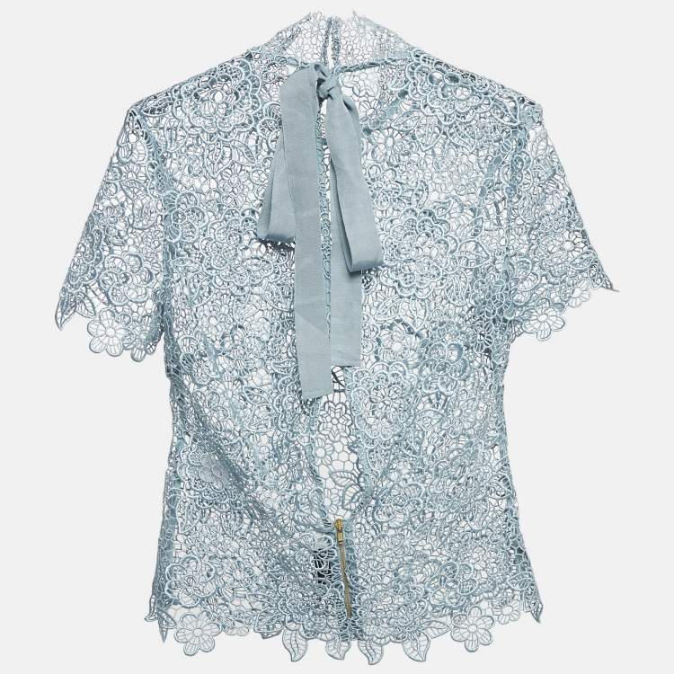 Pre Owned Self-Portrait Blue Floral Lace Open Back Sheer Top M