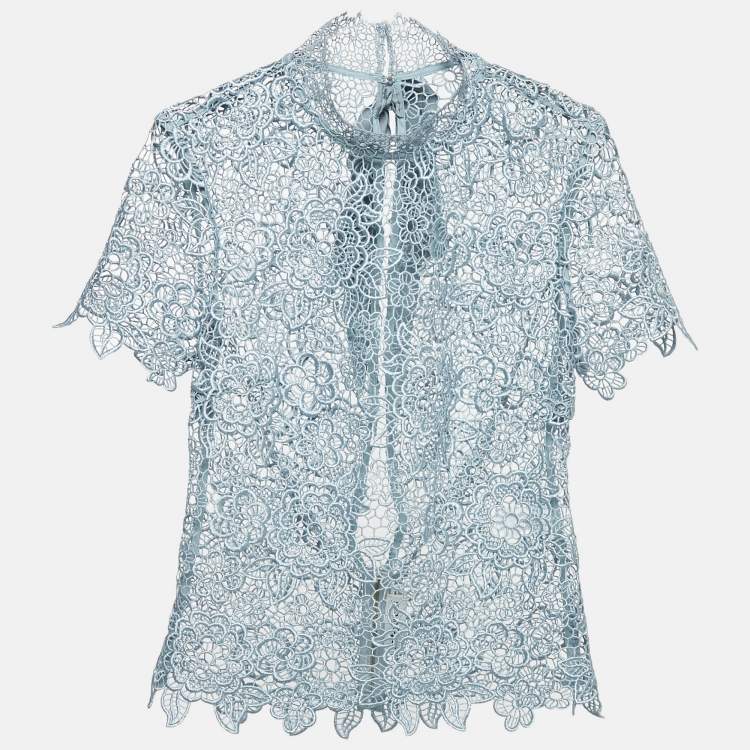 Pre Owned Self-Portrait Blue Floral Lace Open Back Sheer Top M