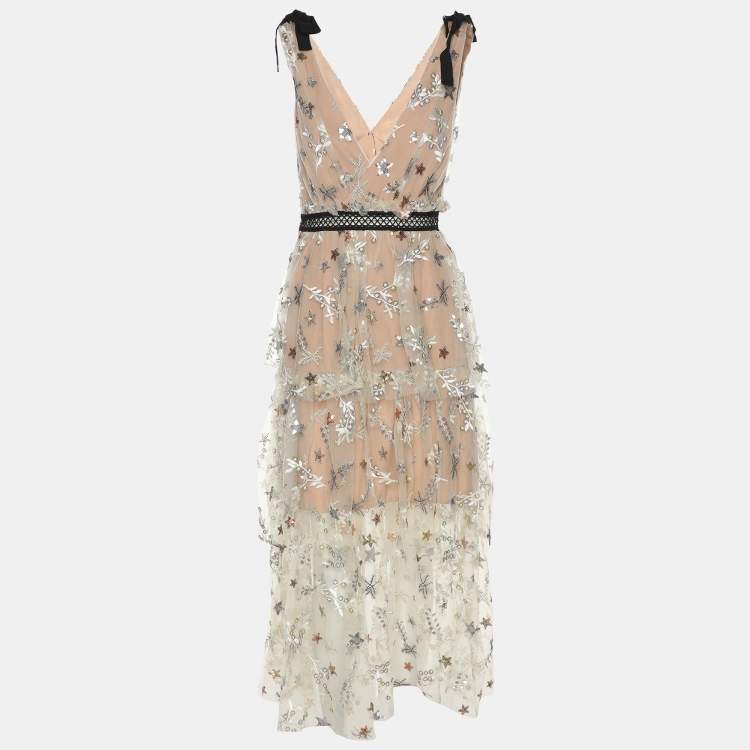 Pre Owned Self-Portrait Beige Mesh Star Midi Dress S
