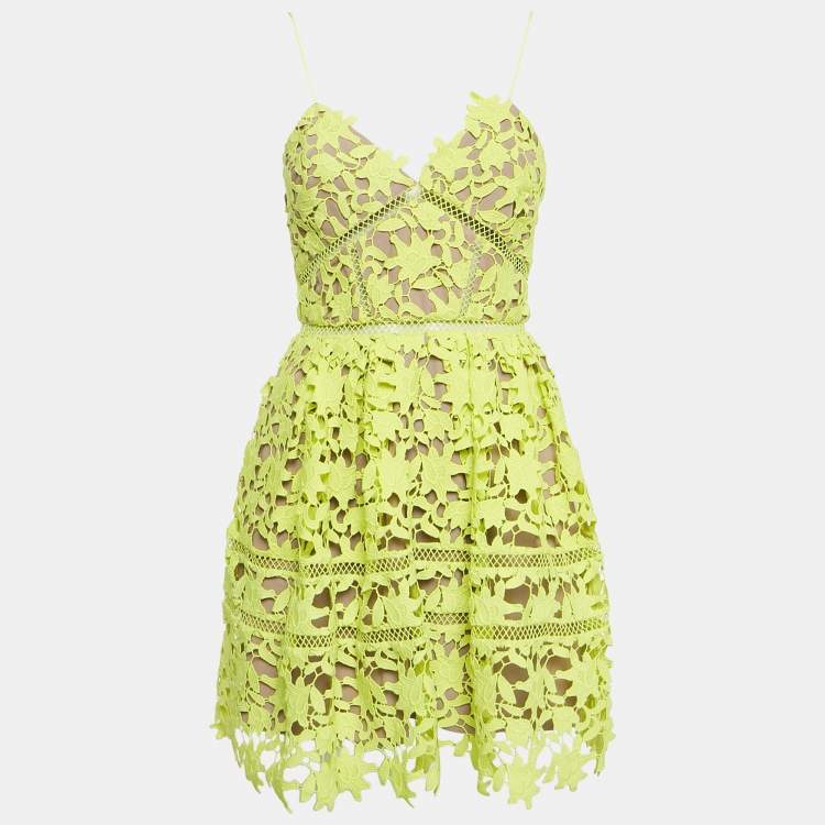 مملوكة مسبقًا Self-Portrait Neon Yellow Lace Guipure Sleeveless Azaelea Mini Dress S