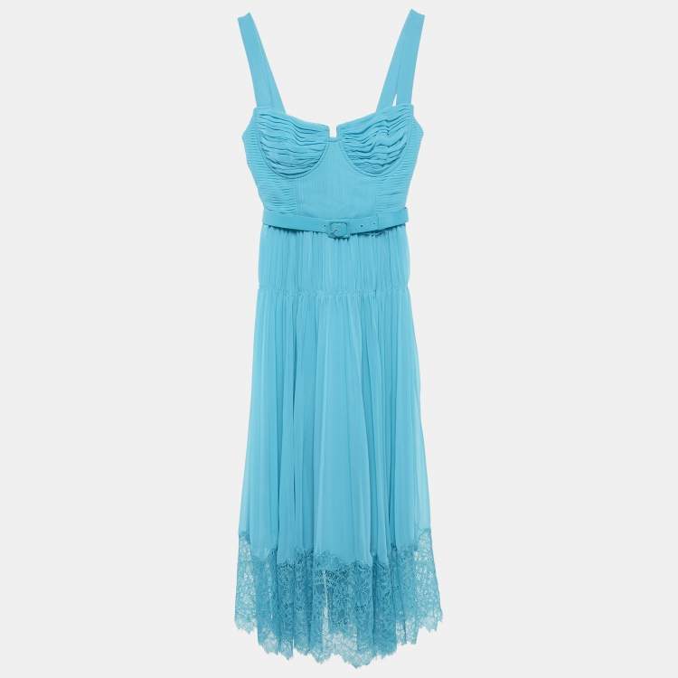 Pre Owned Self-Portrait Blue Pleated Chiffon Sleeveless Midi Dress S