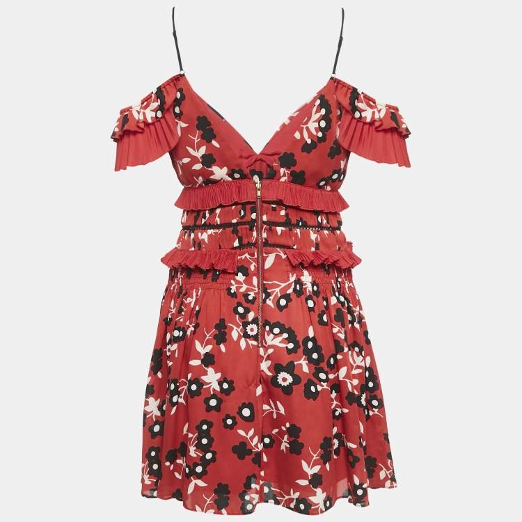 Pre Owned Self-Portrait Red Floral Print Crepe Off-Shoulder Ruffled Mini Dress M
