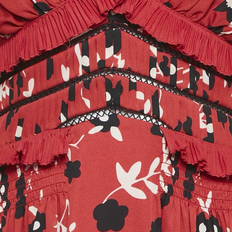 Pre Owned Self-Portrait Red Floral Print Crepe Off-Shoulder Ruffled Mini Dress M