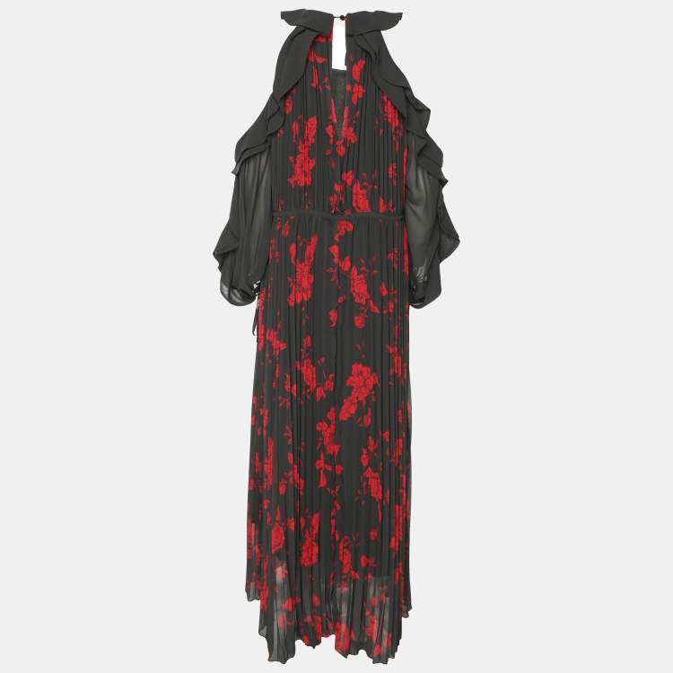 Pre Owned Self-Portrait Red/Khaki Rose Print Polyester Maxi Dress S