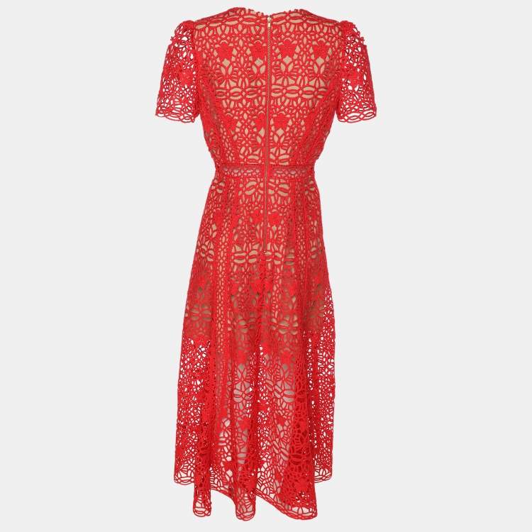 Pre Owned Self-Portrait Red Lace Guipure Midi Dress S