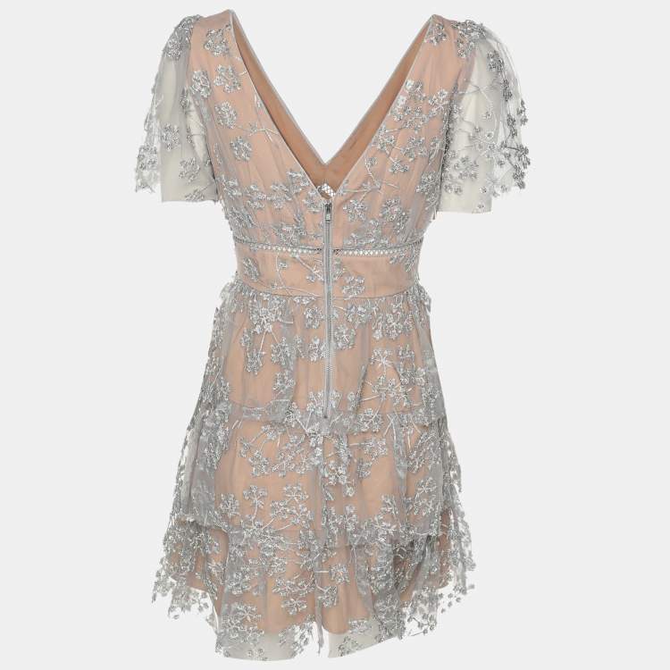 Pre Owned Self Portrait Grey/Beige Mesh Embroidered Blossom Tiered Mini Dress S