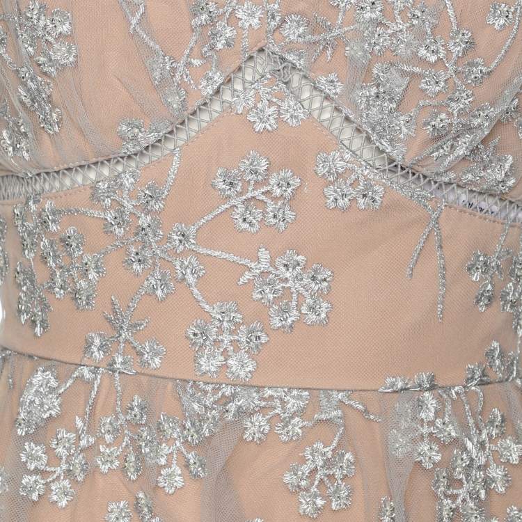 Pre Owned Self Portrait Grey/Beige Mesh Embroidered Blossom Tiered Mini Dress S