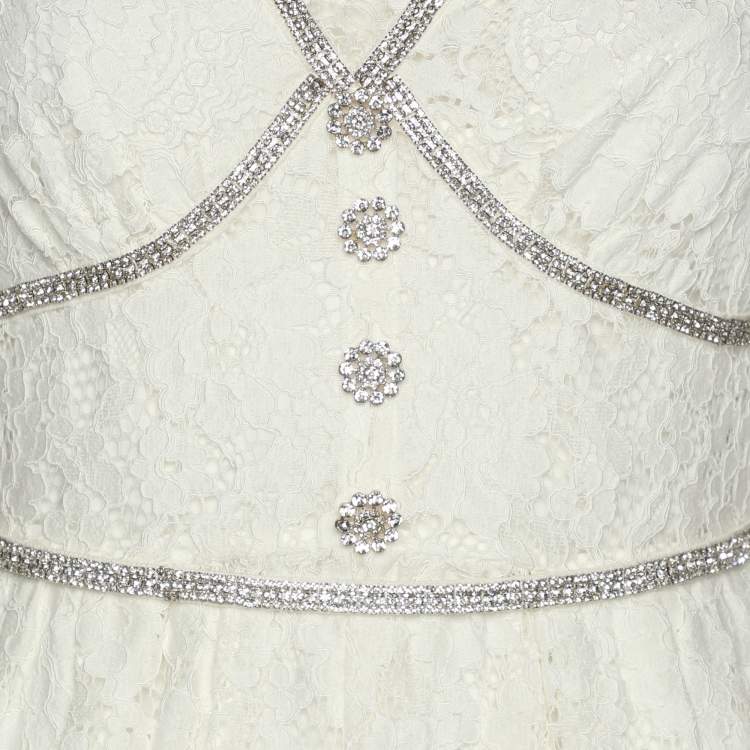 مملوكة مسبقًا Self Portrait Ivory Lace Diamante Trim Midi Dress S