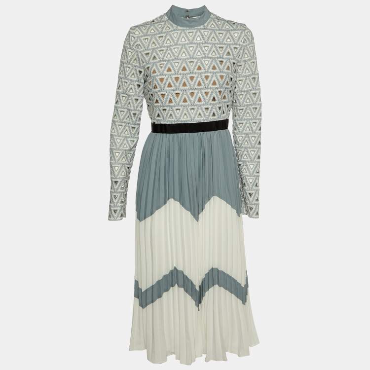 Pre Owned Self-Portrait Grey/White Crochet Lace & Crepe Pleated Midi Dress M