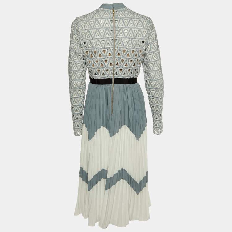 Pre Owned Self-Portrait Grey/White Crochet Lace & Crepe Pleated Midi Dress M